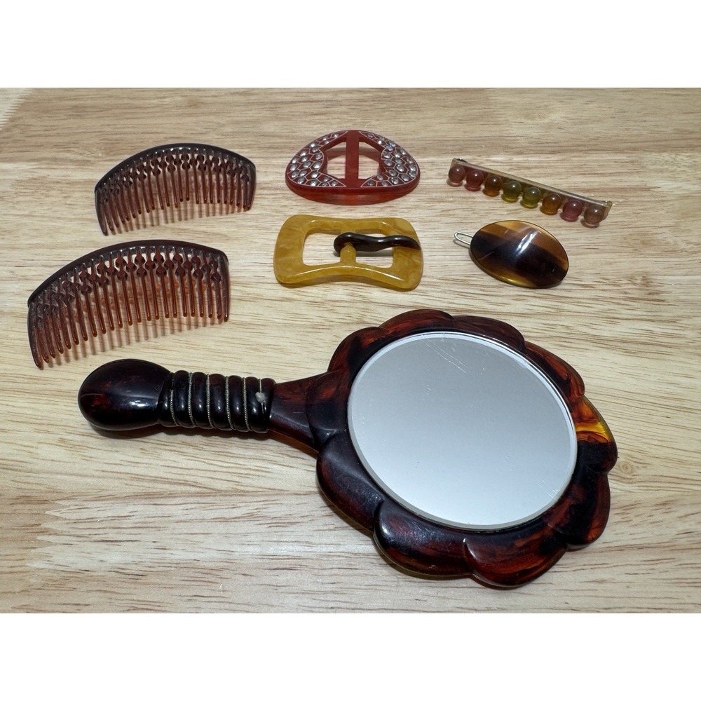 Antique Celluloid Accessories Mirror Hair Clips Combs